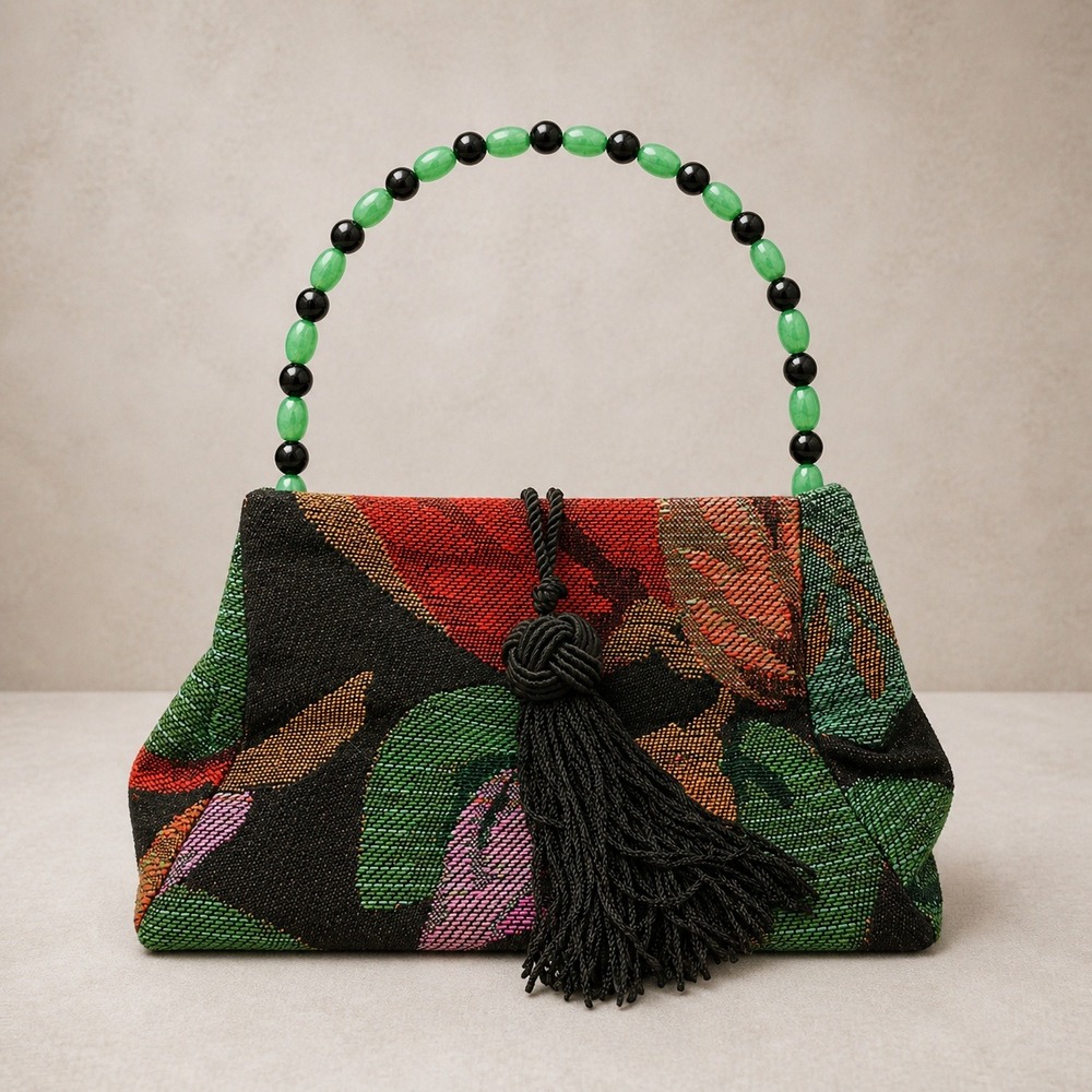 Attache Tapestry Tropical Floral Evening Bag Beaded Handle Tassel Multicolor - Picture 2 of 10